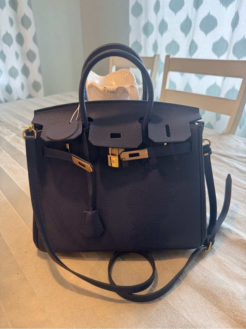 Structured Navy Blue Leather Top-Handle Satchel with Gold Hardware
